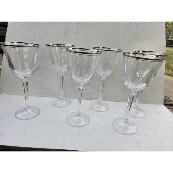 Set 6 Mikasa Briarcliffe Water Goblet Glasses 8 3/8" Blown Glass Dbl Silver Strp - Picture 2 of 10